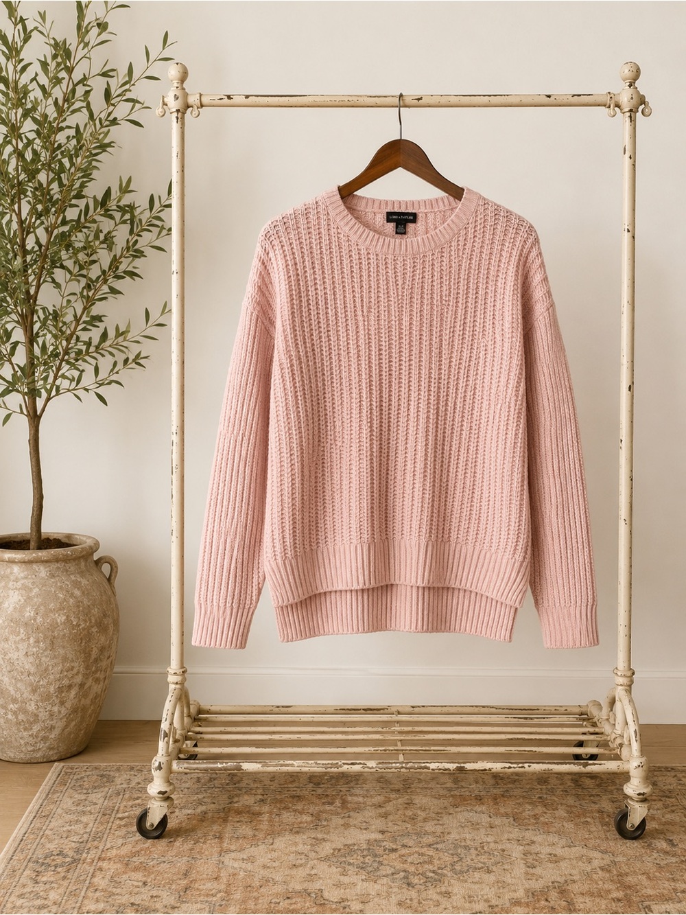 Lord & Taylor Pink Waffle Knit Crewneck Sweater